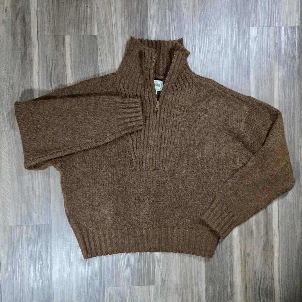 American Eagle Brown Quarter Zip Mock Neck‎ Knit Sweater Womens Medium 0702